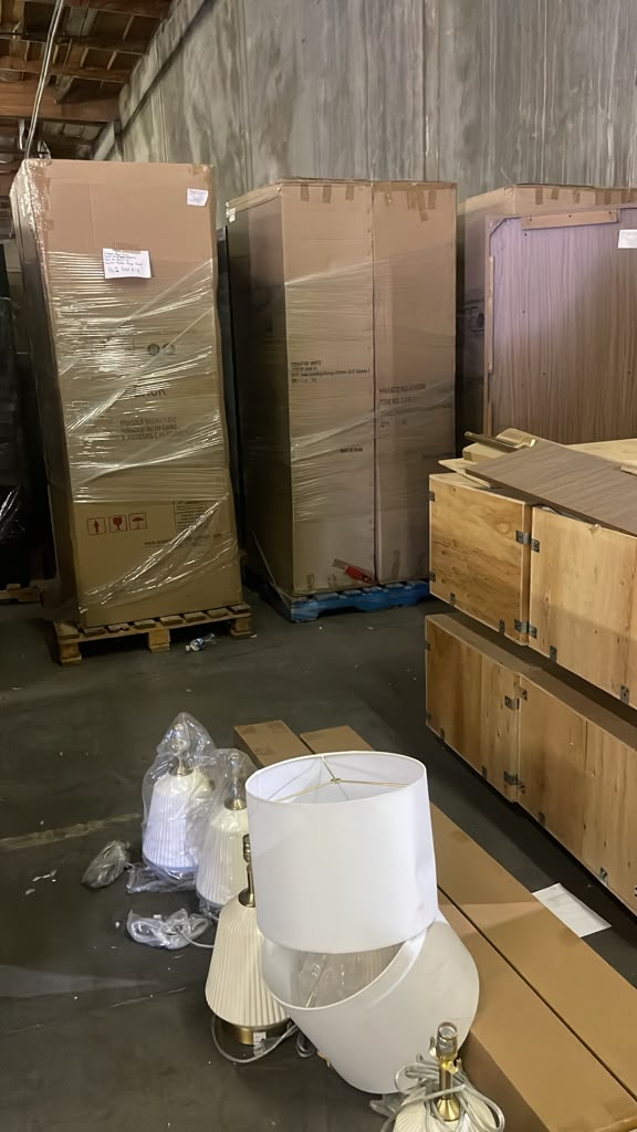 Brand-new boxed casegoods, crates and table lamps with shades