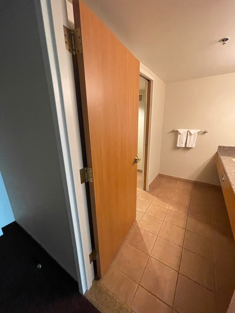 Bathroom entry with solid-core door, hinges, hardware, towel bar and vanity
