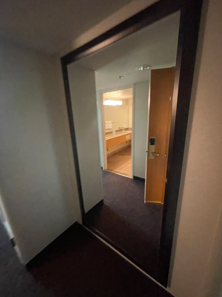 Guest room entry with full-length mirror, entry door and hallway to the bath