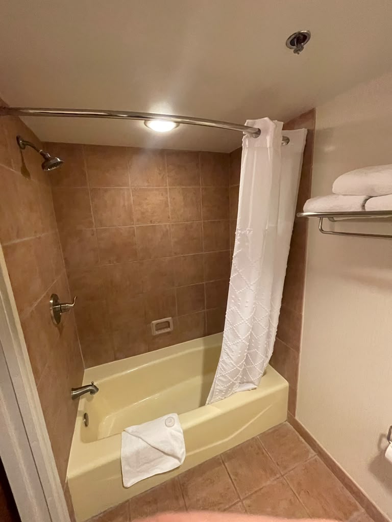 Guest bath tub, shower fittings, curved rod and towel shelving